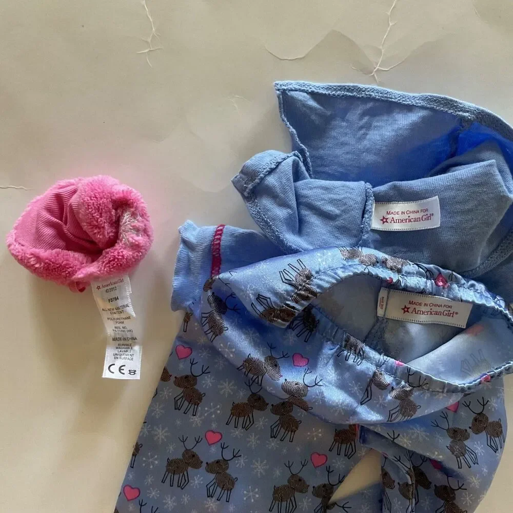 American Girl Doll Reindeer Pajamas Set PJ’s And Pink Slippers Only retired